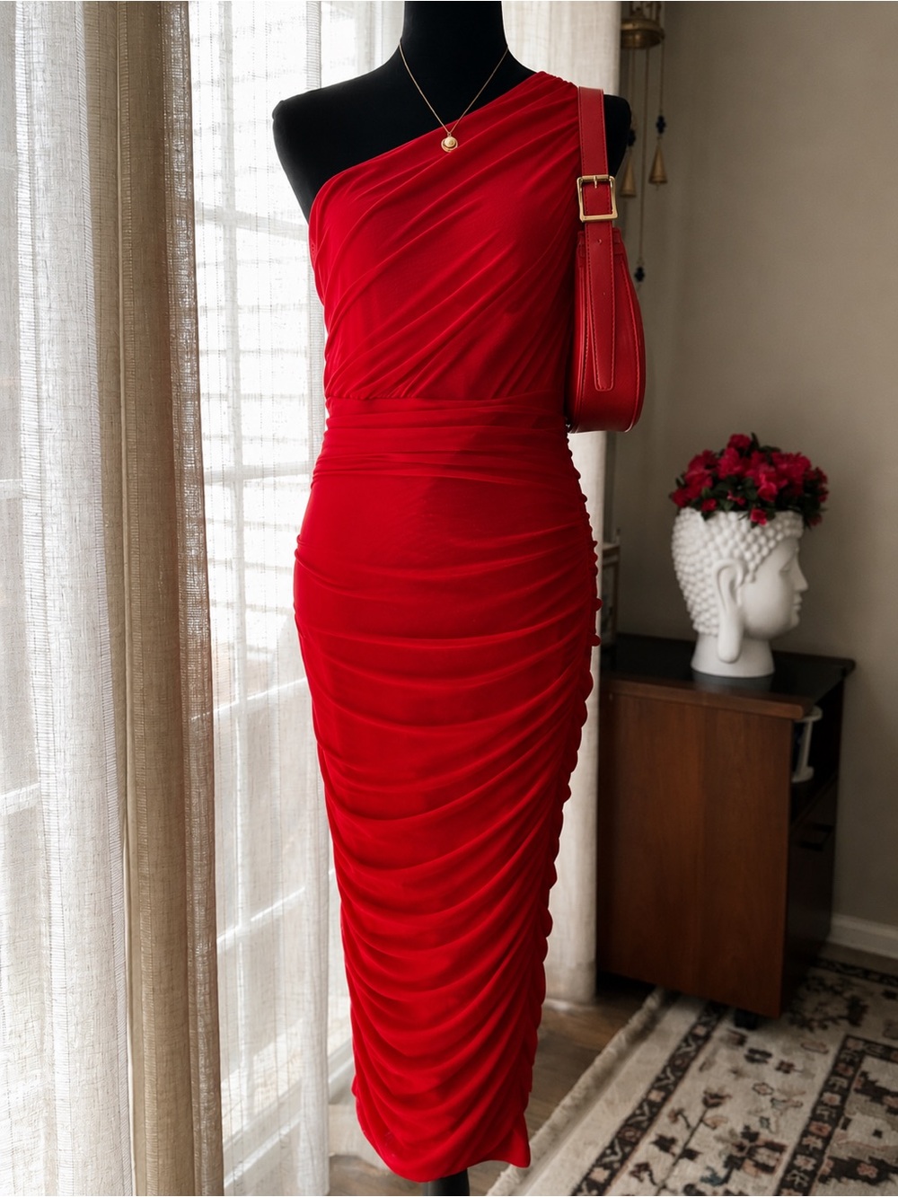 Sleek One-Shoulder Ruched Red Bodycon Dress